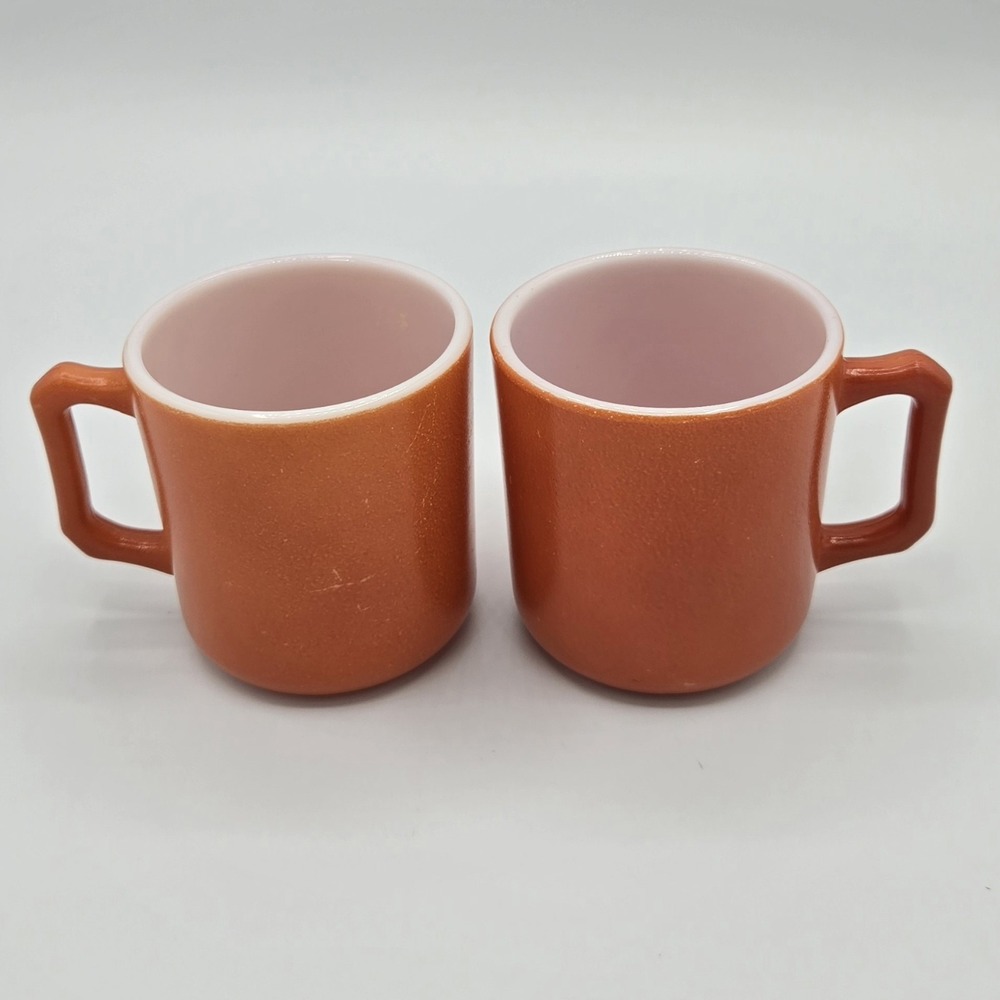 Pair Hazel Atlas Small Coffee Cups Mugs Rust Orange D Handle‎ Milk Glass Vtg MCM